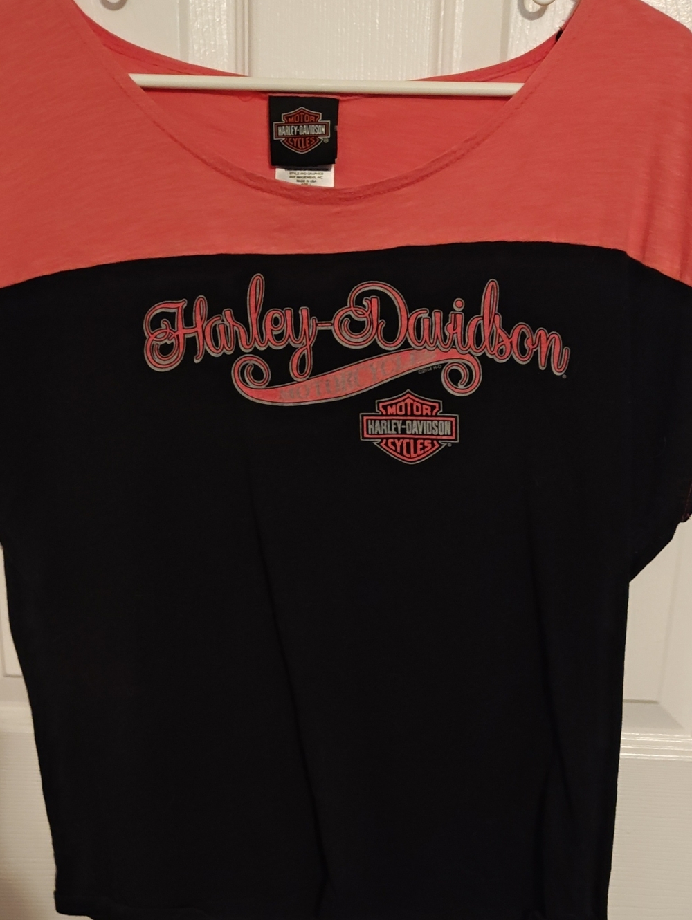 Harley-Davidson Black and Coral Scoop Neck Graphic Tee